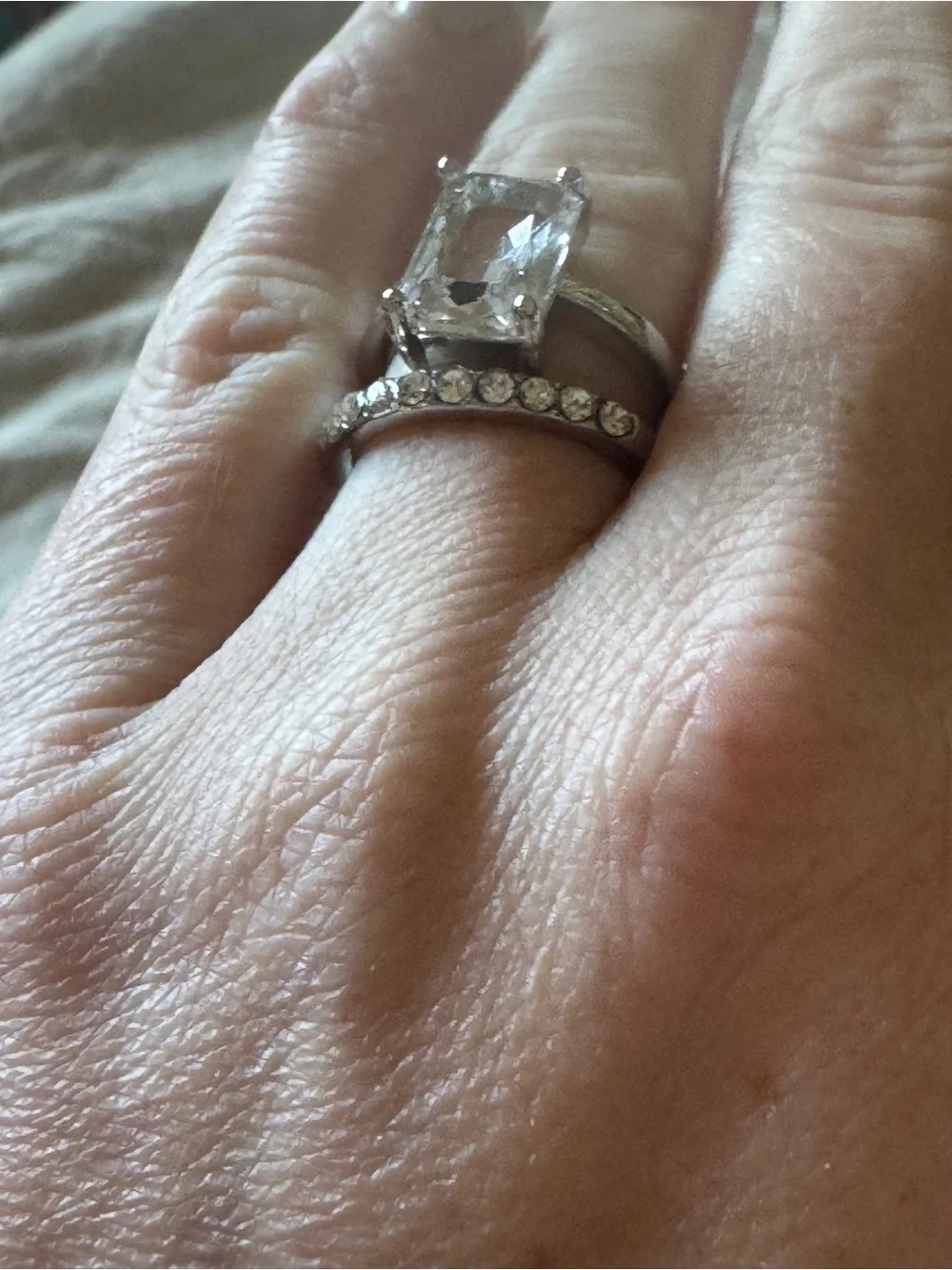 Silver-Toned Crystal Solitaire & Pavé Band Ring Set - Size 7! NEW!